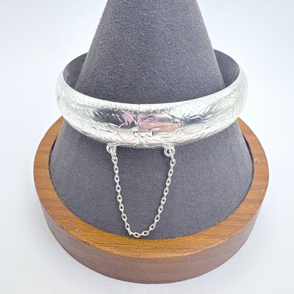 VTG Sterling Silver 925 Etched Wheat Design Hinged Bangle Bracelet 7.5' Fit - Picture 1 of 10